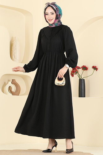 moda selvim Düğme Detaylı Nervür Elbise 382ASN888 Siyah - Thumbnail