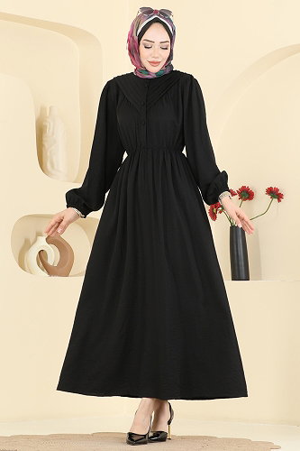 moda selvim Düğme Detaylı Nervür Elbise 382ASN888 Siyah - Thumbnail