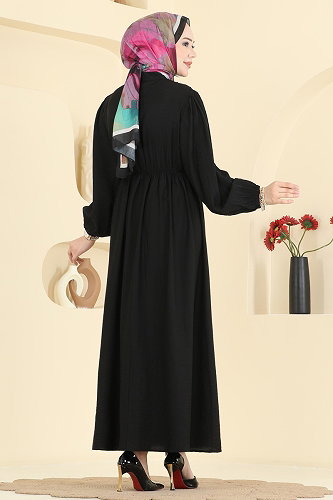 moda selvim Düğme Detaylı Nervür Elbise 382ASN888 Siyah - Thumbnail