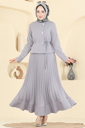 moda selvim Düğme Detaylı Piliseli Takım 2865SL432 Gri - Thumbnail
