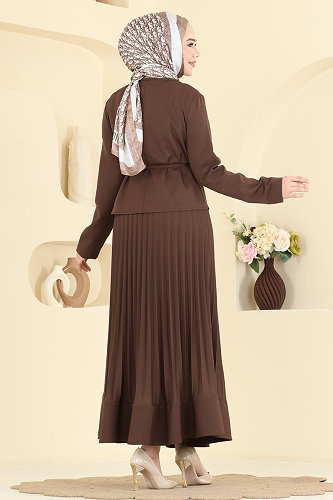 moda selvim Düğme Detaylı Piliseli Takım 2865SL432 Kahve - Thumbnail