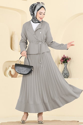 moda selvim Düğme Detaylı Piliseli Takım 2865SL432 Koyu Gri - Thumbnail