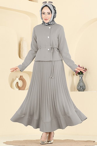 moda selvim Düğme Detaylı Piliseli Takım 2865SL432 Koyu Gri - Thumbnail
