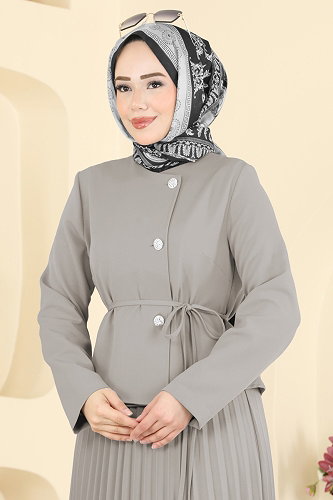 moda selvim Düğme Detaylı Piliseli Takım 2865SL432 Koyu Gri - Thumbnail