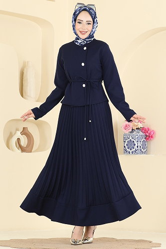 moda selvim Düğme Detaylı Piliseli Takım 2865SL432 Koyu Laci - Thumbnail