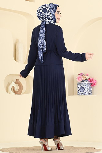 moda selvim Düğme Detaylı Piliseli Takım 2865SL432 Koyu Laci - Thumbnail