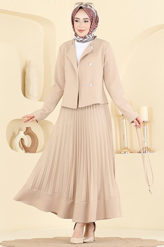 moda selvim Düğme Detaylı Piliseli Takım 2865SL432 Krem - Thumbnail