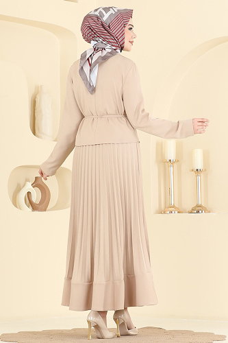 moda selvim Düğme Detaylı Piliseli Takım 2865SL432 Krem - Thumbnail