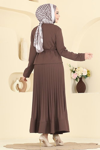 moda selvim Düğme Detaylı Piliseli Takım 2865SL432 Pudra Vizyon - Thumbnail
