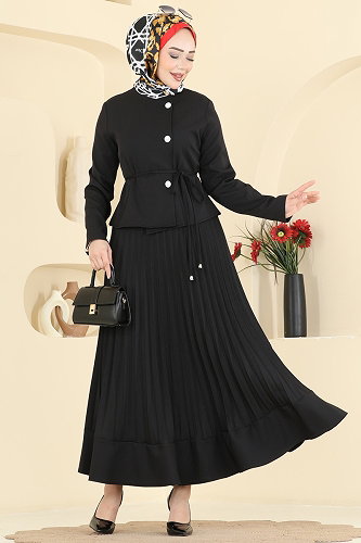 moda selvim Düğme Detaylı Piliseli Takım 2865SL432 Siyah - Thumbnail