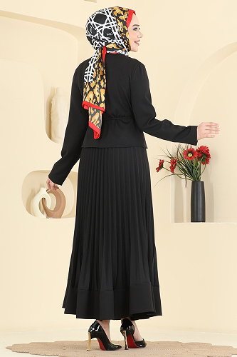 moda selvim Düğme Detaylı Piliseli Takım 2865SL432 Siyah - Thumbnail