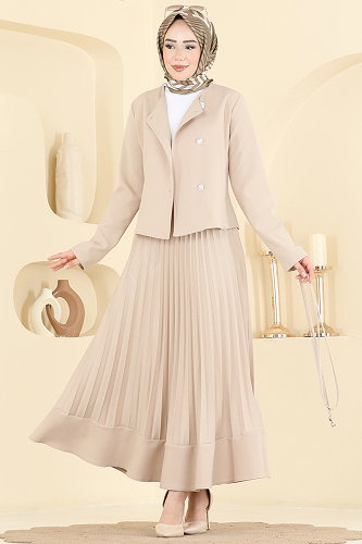 moda selvim Düğme Detaylı Piliseli Takım 2865SL432 Taş - Thumbnail