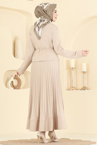 moda selvim Düğme Detaylı Piliseli Takım 2865SL432 Taş - Thumbnail