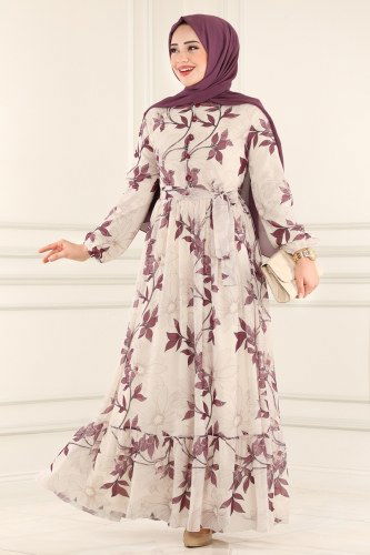 moda selvim Düğme Detaylı Şifon Elbise 81815BRNKO395 Mürdüm - Thumbnail