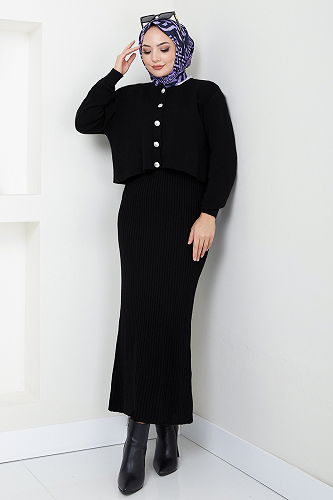 moda selvim Düğme Detaylı Takım 4600UZ1029-M Siyah - Thumbnail