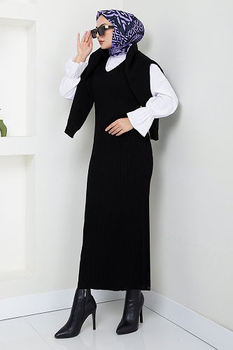 moda selvim Düğme Detaylı Takım 4600UZ1029-M Siyah - Thumbnail