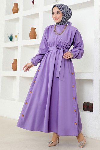 moda selvim Düğme Detaylı Terikoton Elbise ASM2684 Lila - Thumbnail