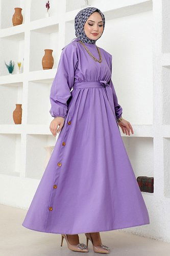 moda selvim Düğme Detaylı Terikoton Elbise ASM2684 Lila - Thumbnail