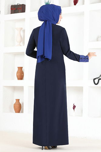 moda selvim Düğme Detaylı Tesettür Elbise ASM2671-M İndigo - Thumbnail