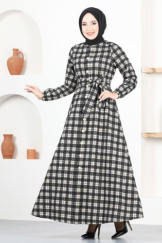 moda selvim Düğme Detaylı Tesettür Elbise MSL1170-M Vizyon - Thumbnail