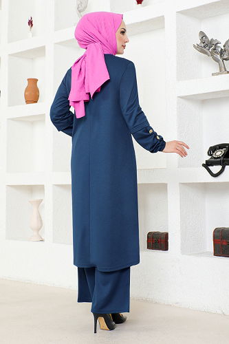 moda selvim Düğme Detaylı Tesettür Takım MSL4001-M İndigo - Thumbnail