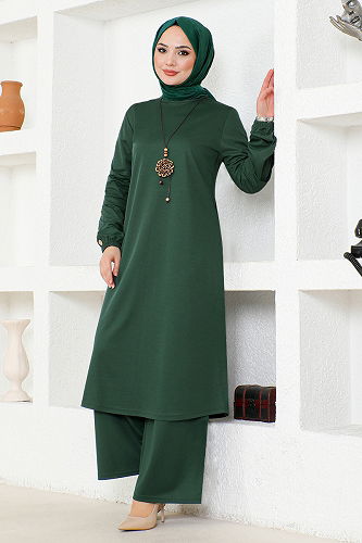 moda selvim Düğme Detaylı Tesettür Takım MSL4001-M Zümrüt - Thumbnail