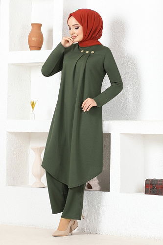 moda selvim Düğme Detaylı Tesettür Takım MSL6009-M Haki - Thumbnail