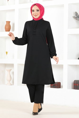 MRV M.S.L. - Düğme Detaylı Tesettür Takım MSL8077-M Siyah