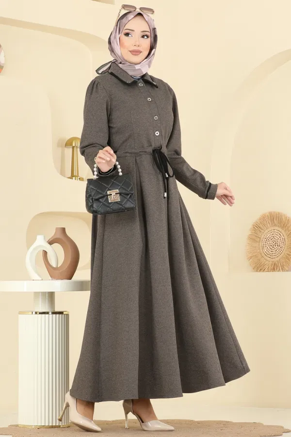 Modaselvim Elbise Düğme Detaylı Tivit Ferace PL9183 Kahve