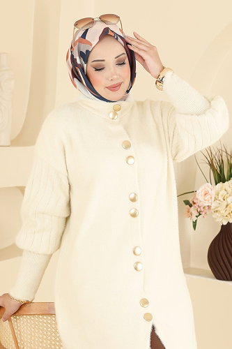 moda selvim Düğme Detaylı Triko Hırka 202610FNM1211 Taş - Thumbnail