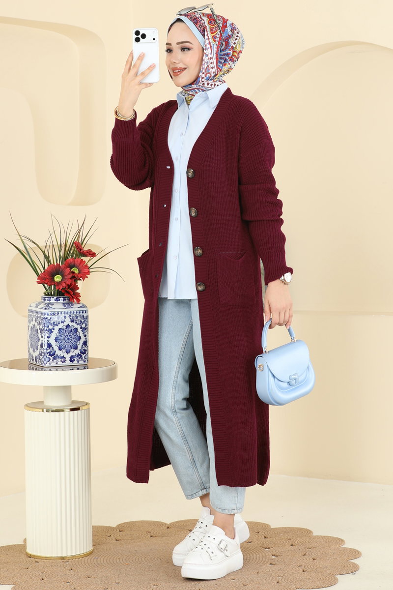 Düğme Detaylı Triko Hırka 2892BRZ597 Bordo