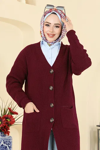 moda selvim Düğme Detaylı Triko Hırka 2892BRZ597 Bordo - Thumbnail