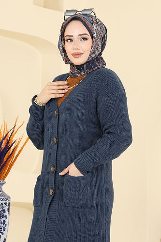 moda selvim Düğme Detaylı Triko Hırka 2892BRZ597 İndigo - Thumbnail