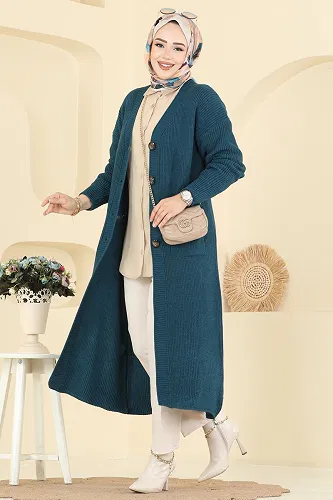 moda selvim Düğme Detaylı Triko Hırka 2892BRZ597 Petrol - Thumbnail