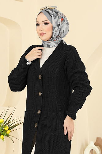 moda selvim Düğme Detaylı Triko Hırka 2892BRZ597 Siyah - Thumbnail