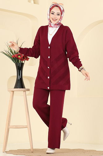 moda selvim Düğme Detaylı Triko Takım 1314MT581 Bordo - Thumbnail