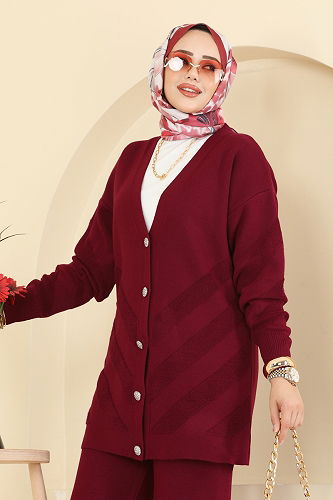 moda selvim Düğme Detaylı Triko Takım 1314MT581 Bordo - Thumbnail
