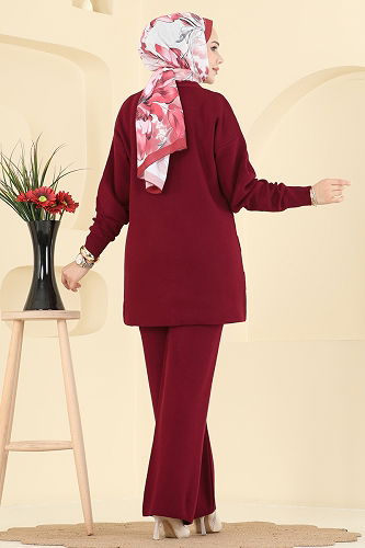 moda selvim Düğme Detaylı Triko Takım 1314MT581 Bordo - Thumbnail