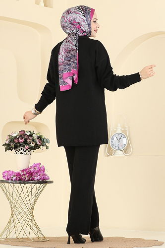 moda selvim Düğme Detaylı Triko Takım 1314MT581 Siyah - Thumbnail