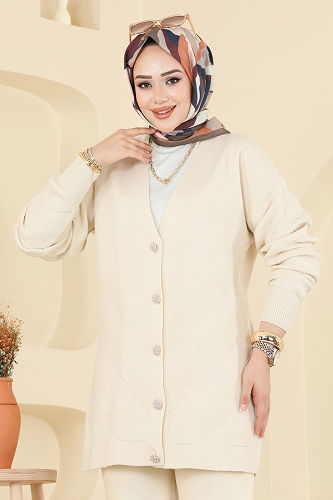 moda selvim Düğme Detaylı Triko Takım 1314MT581 Taş - Thumbnail