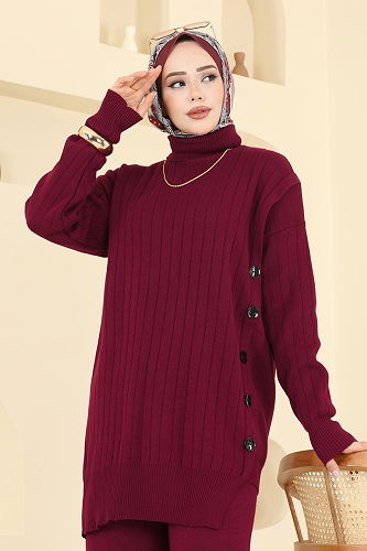 moda selvim Düğme Detaylı Triko Takım 2775AYD574 Bordo - Thumbnail