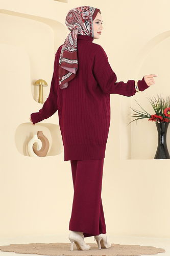 moda selvim Düğme Detaylı Triko Takım 2775AYD574 Bordo - Thumbnail