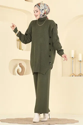 moda selvim Düğme Detaylı Triko Takım 2775AYD574 Haki - Thumbnail