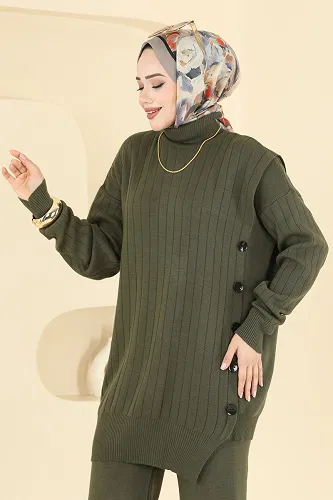 moda selvim Düğme Detaylı Triko Takım 2775AYD574 Haki - Thumbnail