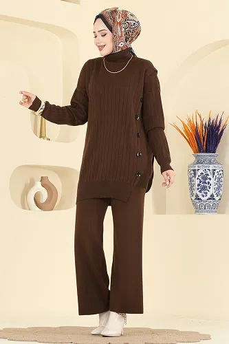 moda selvim Düğme Detaylı Triko Takım 2775AYD574 Kahve - Thumbnail