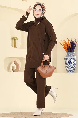 moda selvim Düğme Detaylı Triko Takım 2775AYD574 Kahve - Thumbnail