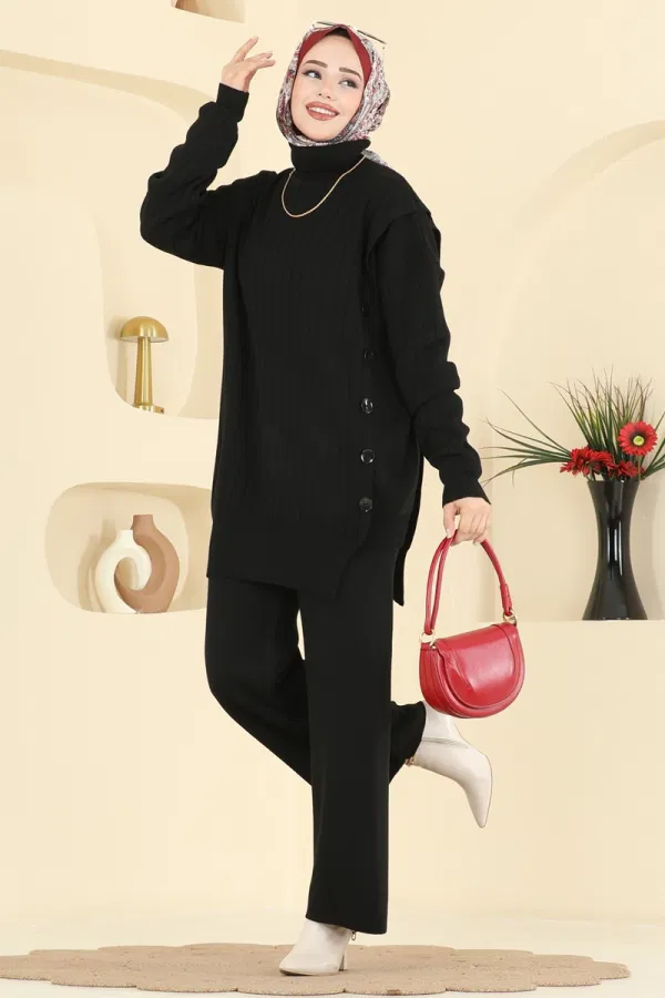Modaselvim Kombin Düğme Detaylı Triko Takım 2775AYD574 Siyah