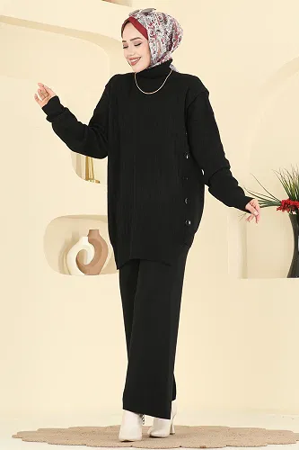 moda selvim Düğme Detaylı Triko Takım 2775AYD574 Siyah - Thumbnail