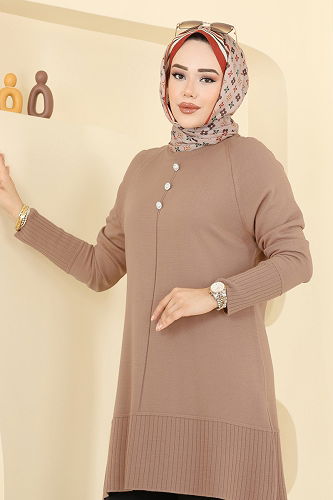 moda selvim Düğme Detaylı Triko Tunik 2715AYD574 Bisküvi - Thumbnail