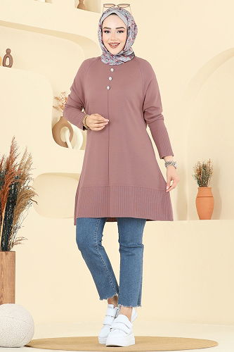 moda selvim Düğme Detaylı Triko Tunik 2715AYD574 Gül Kurusu - Thumbnail